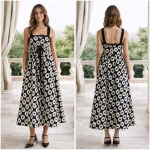 Ulla Johnson Mira Fray Trim Textured Floral Midi Maxi Dress Black White